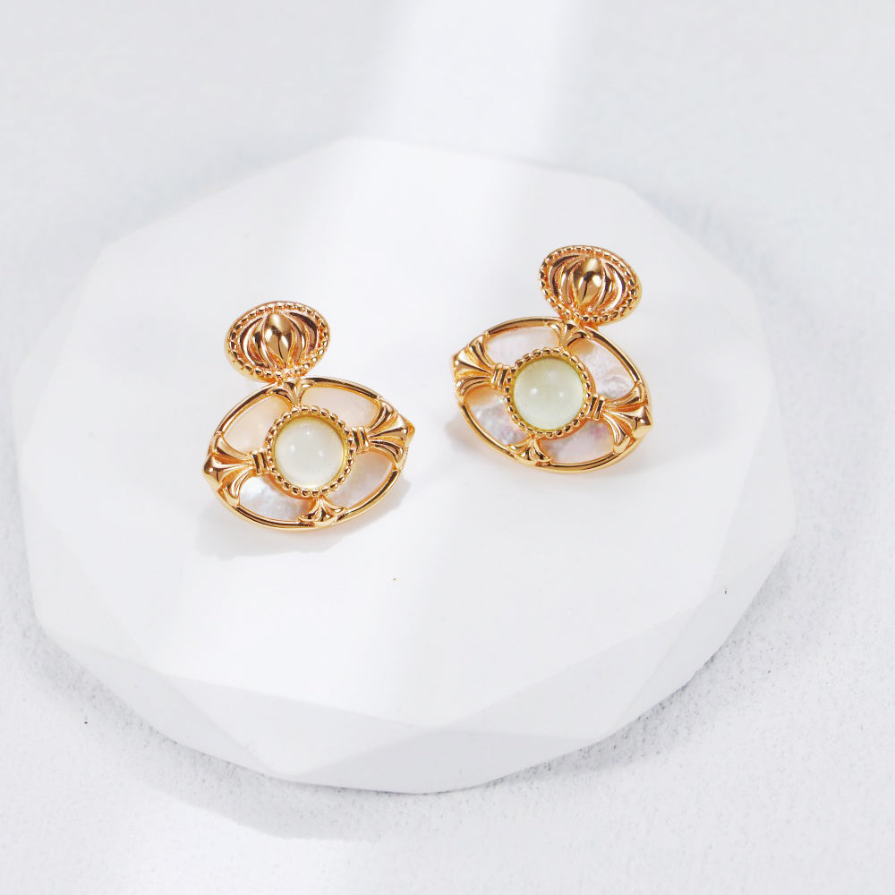 Halo Earrings-Vintage Golden Grape Chalcedony White Shell Earrings