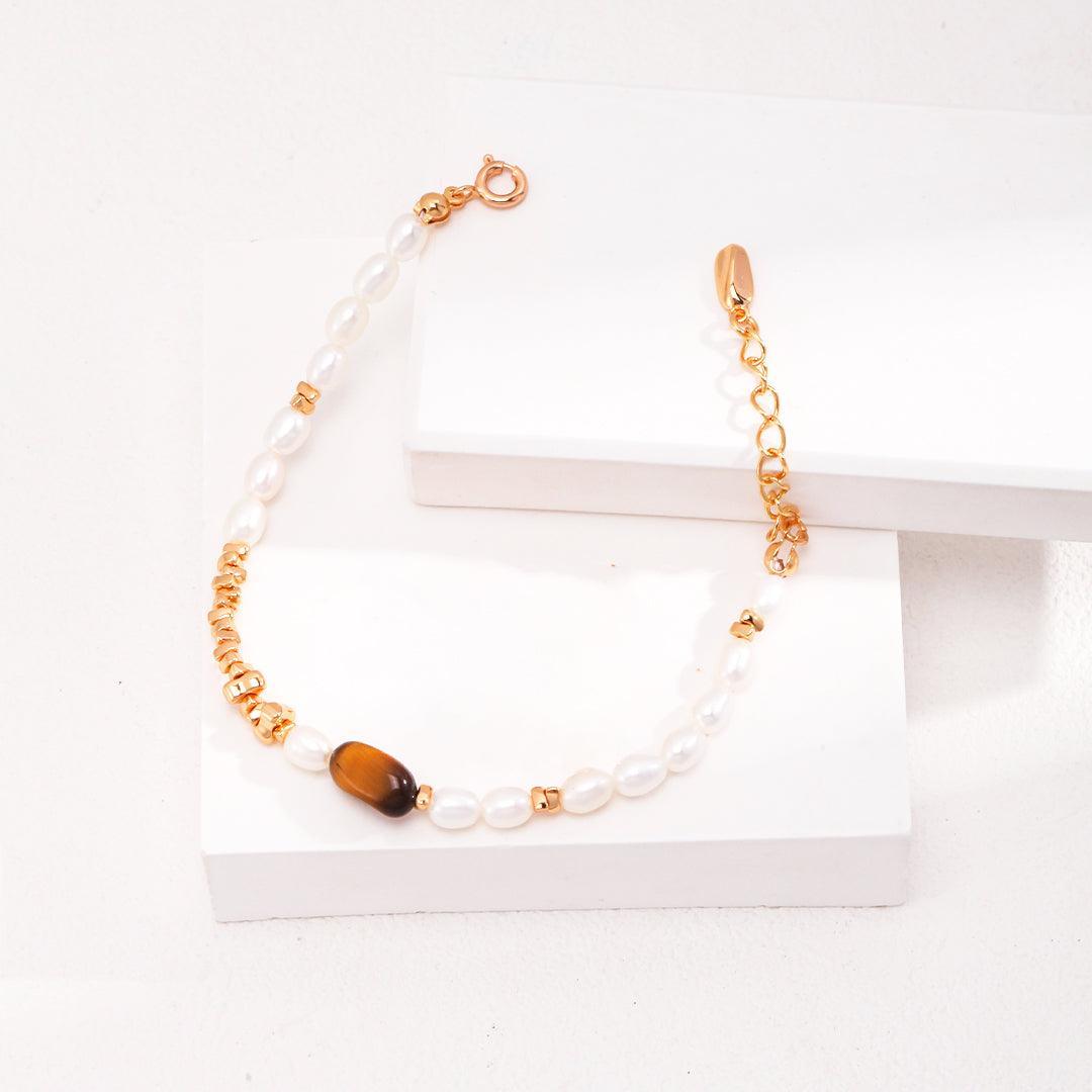 Courageous Healing Tiger Eye, Natural Pearl Bracelet