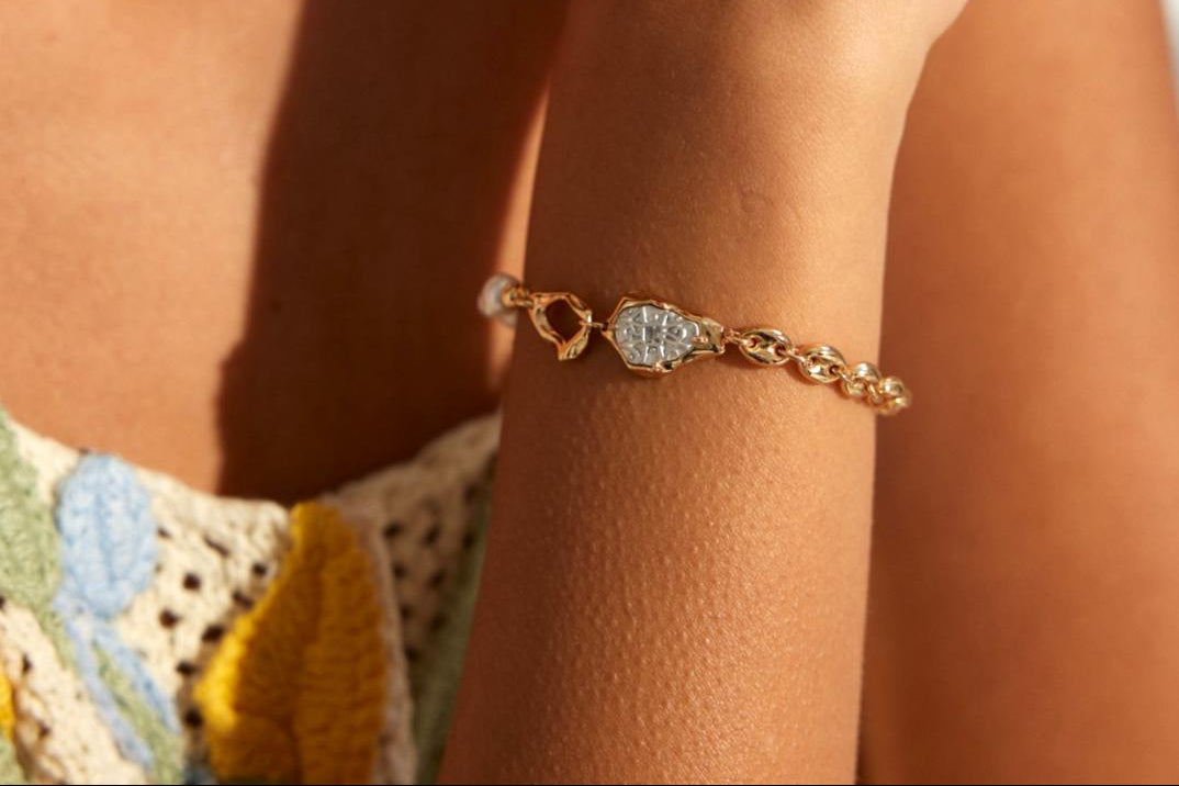 Azure Lake-18k Gold-Plated Zirconia Natural Pearl Bracelet