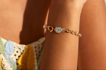 Azure Lake-18k Gold-Plated Zirconia Natural Pearl Bracelet