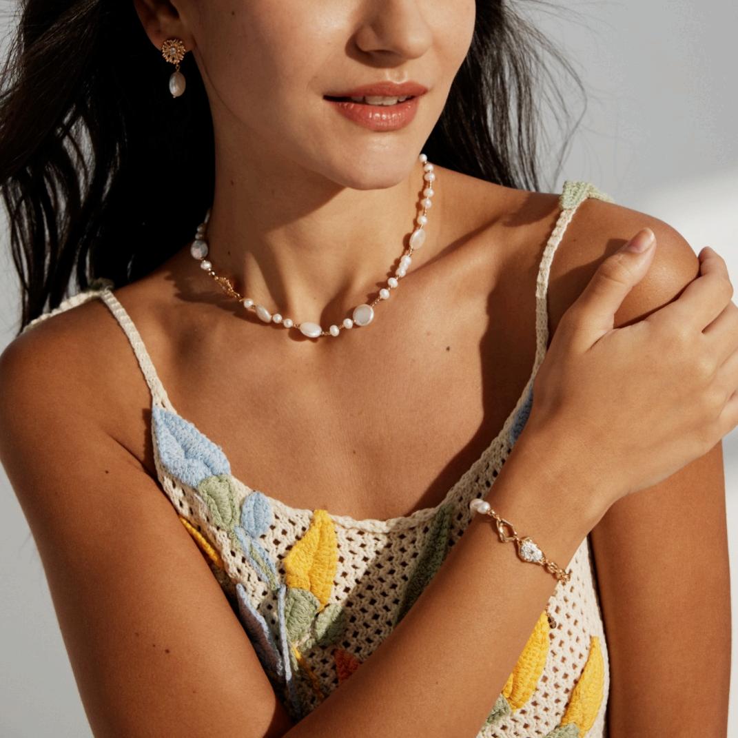 Azure Lake-18k Gold-Plated Zirconia Natural Pearl Bracelet