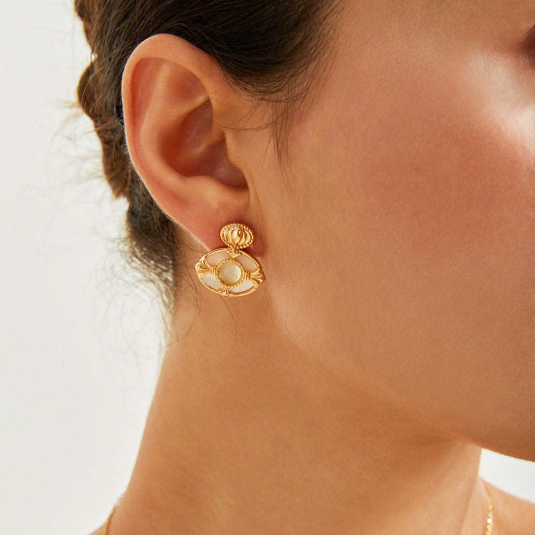 Halo Earrings-Vintage Golden Grape Chalcedony White Shell Earrings