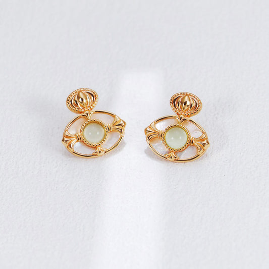 Halo Earrings-Vintage Golden Grape Chalcedony White Shell Earrings