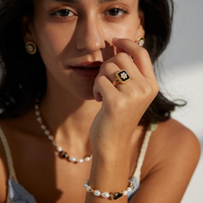 Sterling Silver Zircon Imitation Pearl Ring