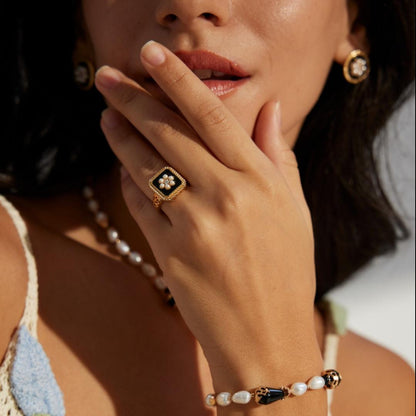 Sterling Silver Zircon Imitation Pearl Ring