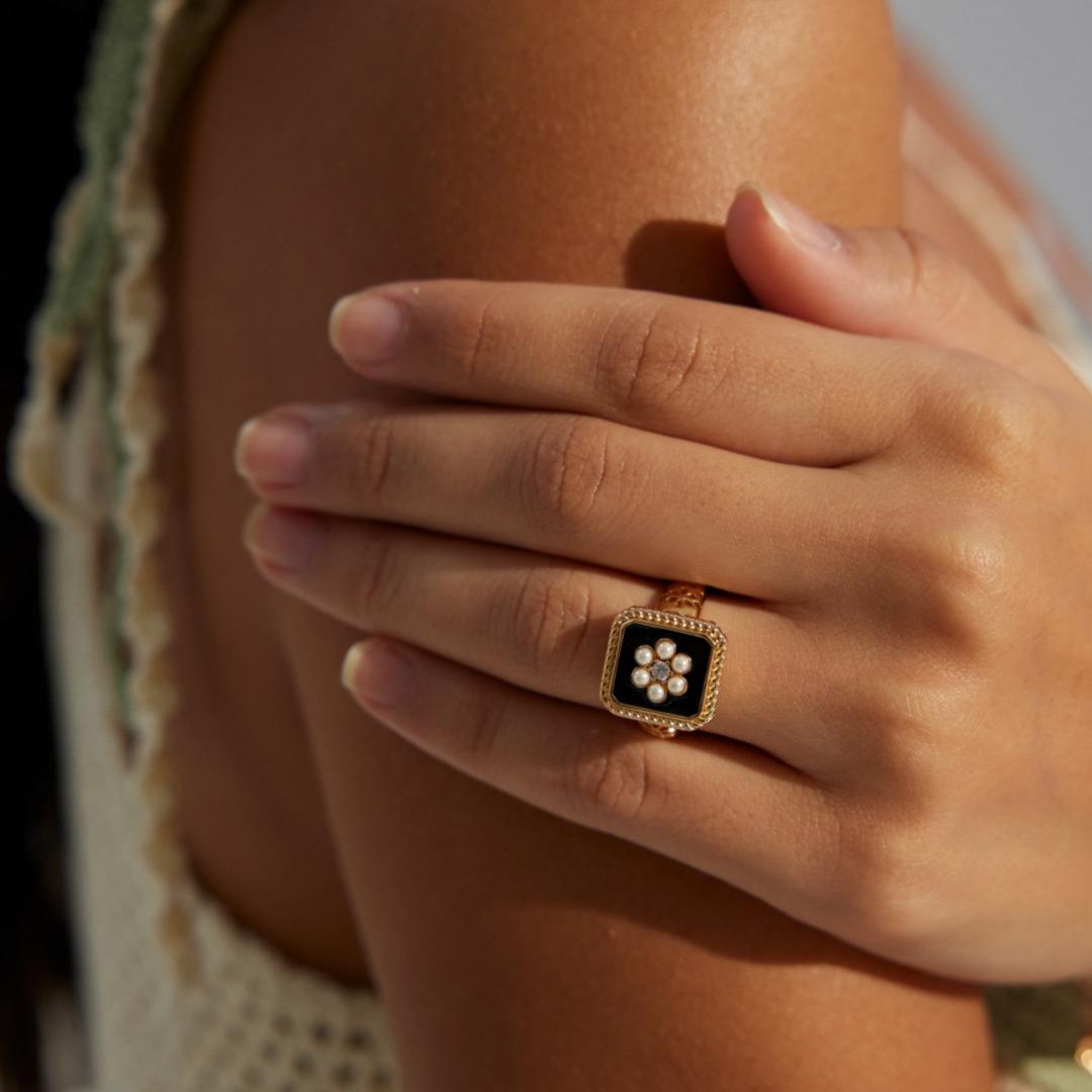 Sterling Silver Zircon Imitation Pearl Ring